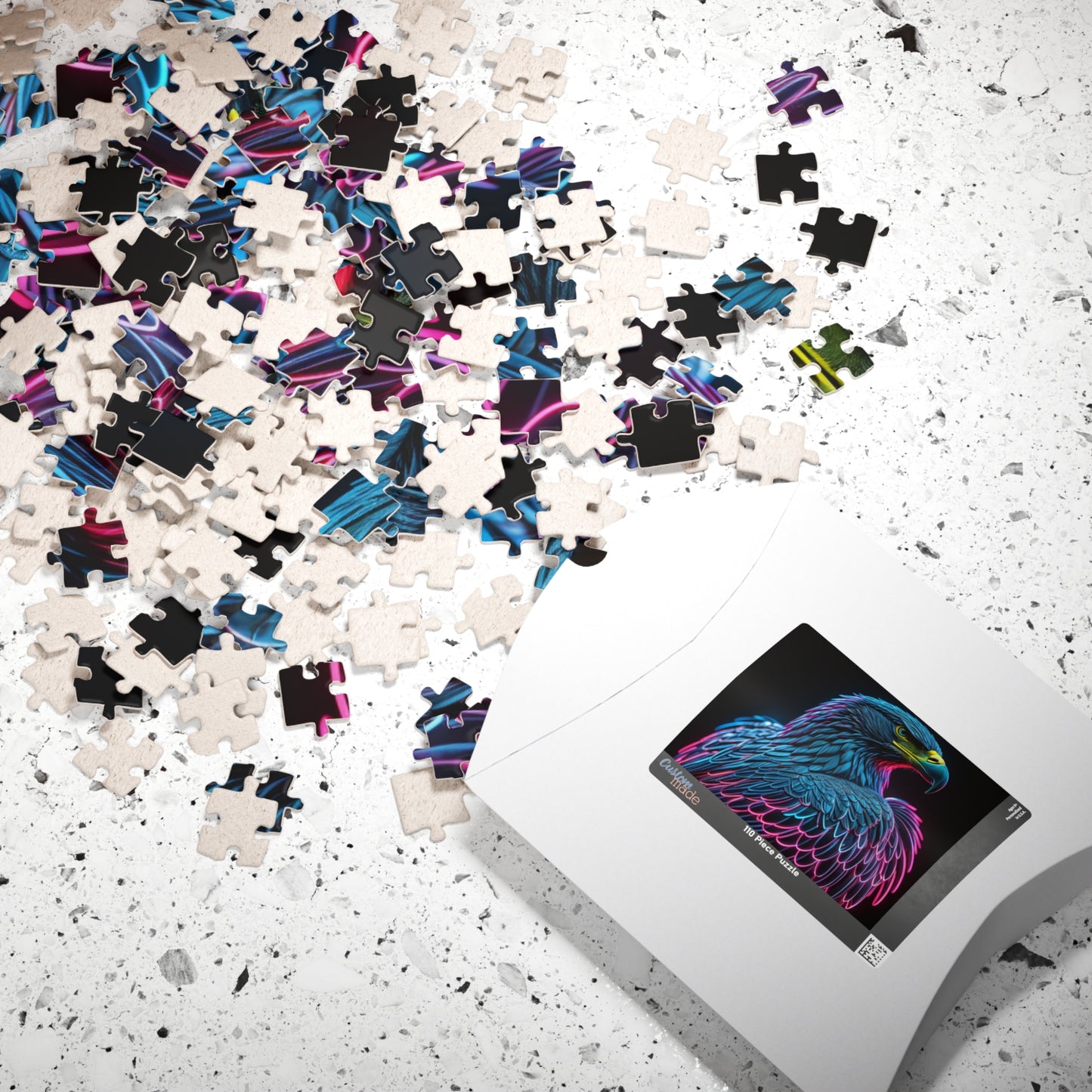 Wings of Resilience - Neon Eagle Portrait Puzzle with Teal Feathers and Pink Neon Outlines on Black