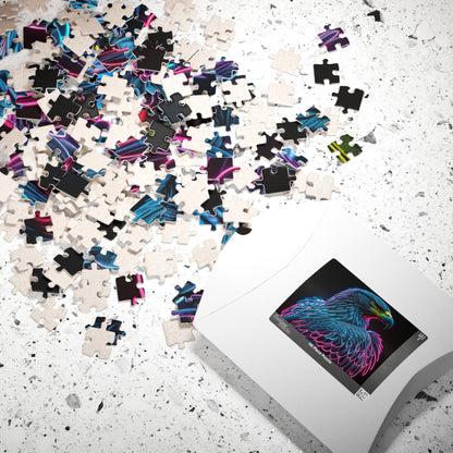 Wings of Resilience - Neon Eagle Portrait Puzzle with Teal Feathers and Pink Neon Outlines on Black