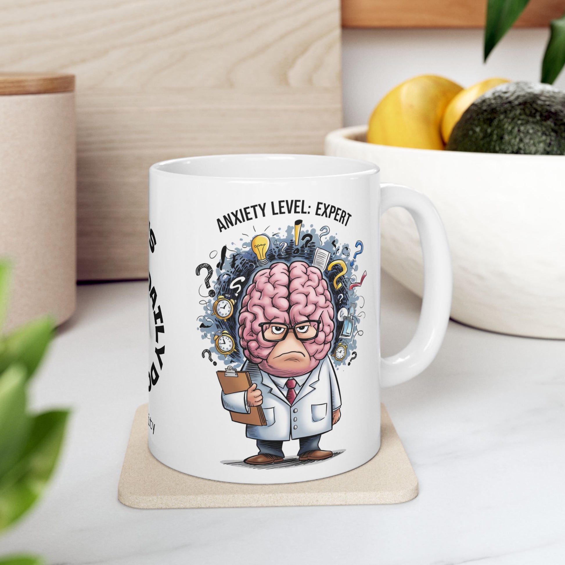 Personalized "Anxiety Level: Expert" funny mental health mug with affirmations for anxiety and mental health support.