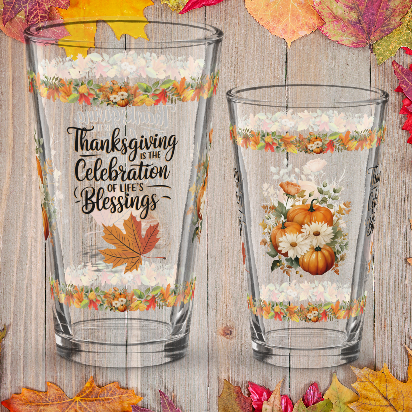 Gratitude and blessings pint glass celebrating Thanksgiving joy