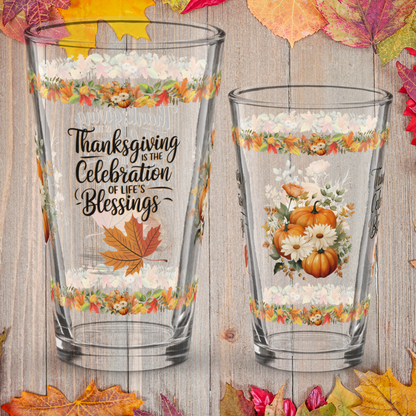 Gratitude and blessings pint glass celebrating Thanksgiving joy