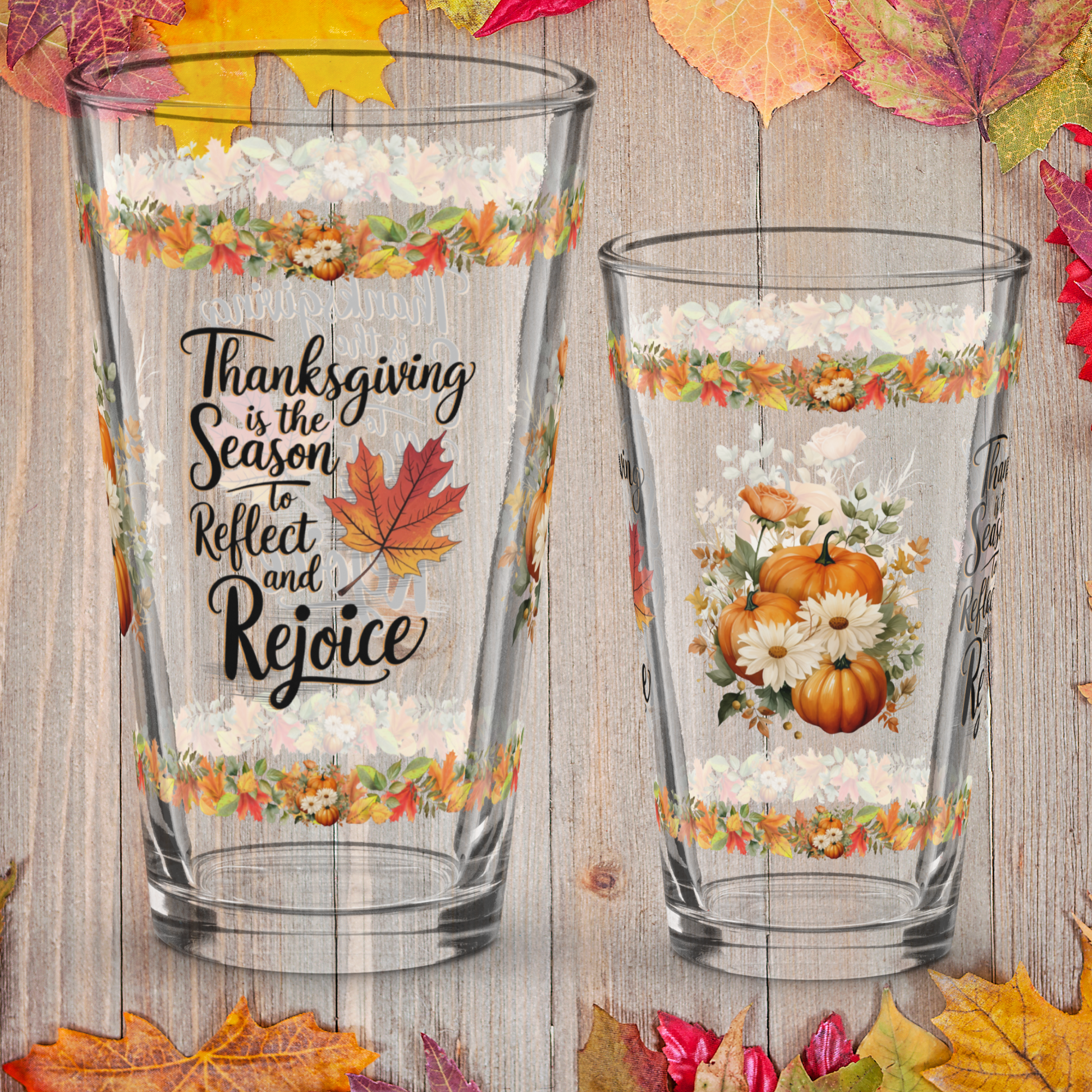 Thanksgiving pint glass with “Reflect And Rejoice” mindful message