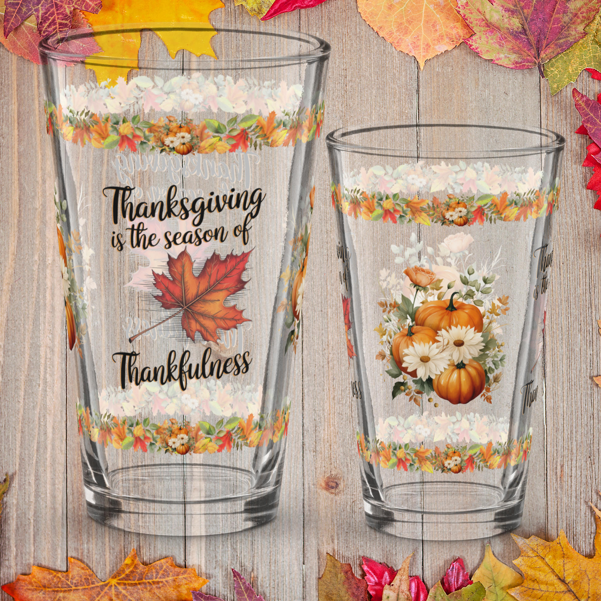 Gratitude pint glass featuring “Season Of Thankfulness” Thanksgiving quote