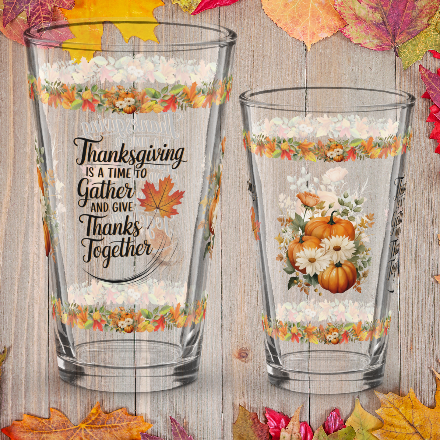 Family Thanksgiving glass with “Gather And Give Thanks Together” message