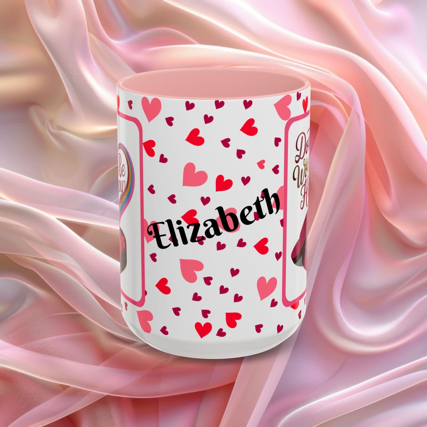Dont Worry Be Happy Valentines mug with positive affirmation, cheerful Valentine coffee cup for daily encouragement