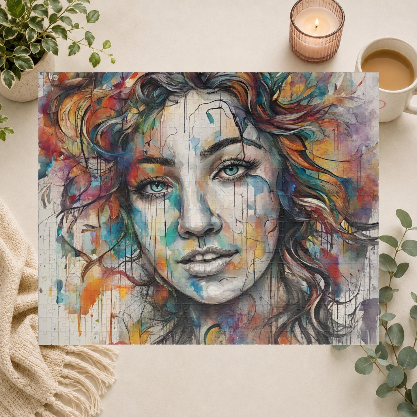 Pathway to Resilience - Sketch and Watercolor Woman's Portrait Puzzle with Ink Drips and Curly Hair