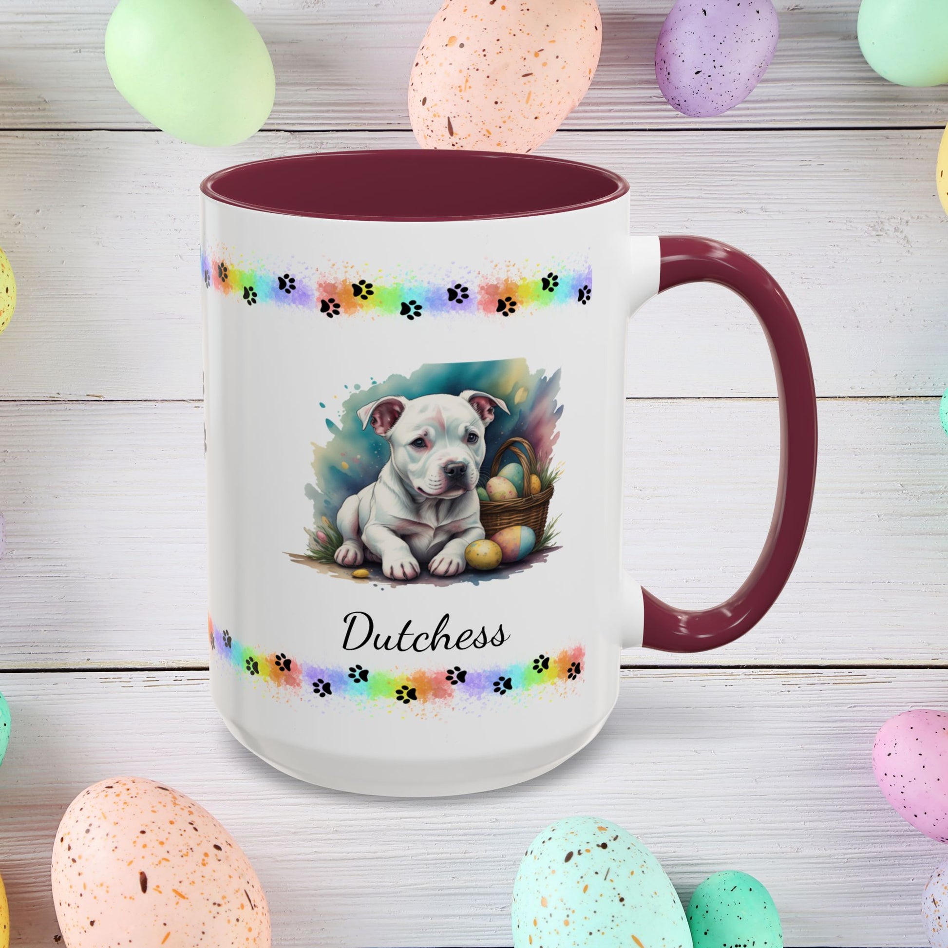 Pitbull (White): Personalized Easter Puppy Coffee Mug - Adorable Dog Design, Mental Health Gift, 11oz & 15oz, 12 Color Choices, Easter Gifts & Décor