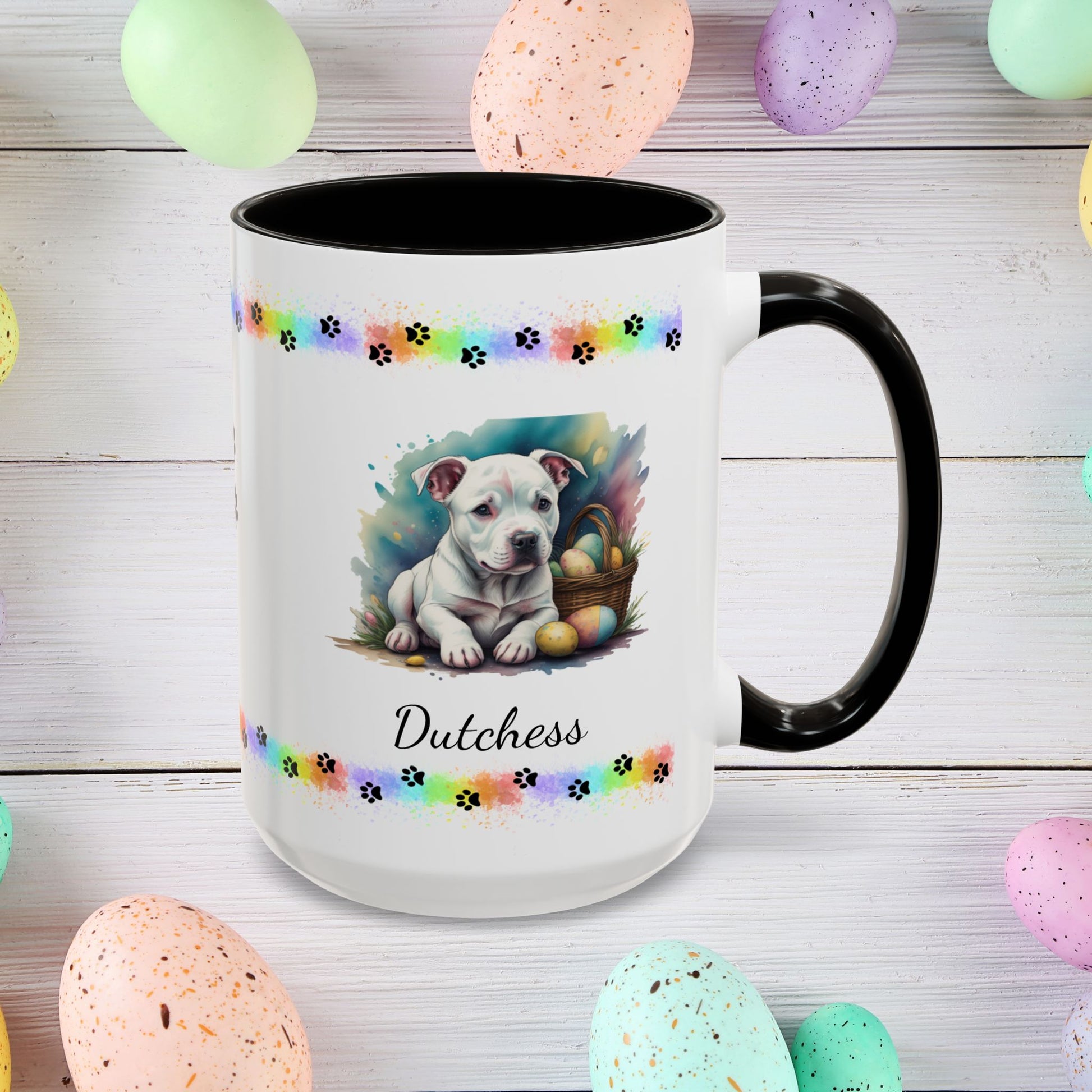Pitbull (White): Personalized Easter Puppy Coffee Mug - Adorable Dog Design, Mental Health Gift, 11oz & 15oz, 12 Color Choices, Easter Gifts & Décor