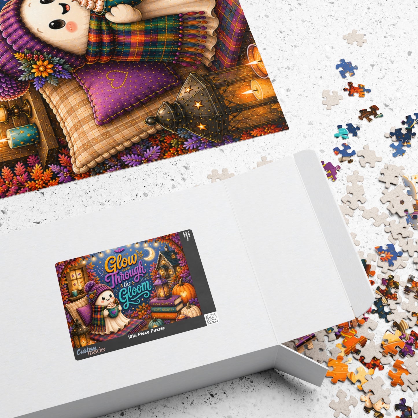 Glow Through the Gloom Halloween Puzzle - Cozy Ghost with Heart Mug, Kind Heart Books, and Cottage