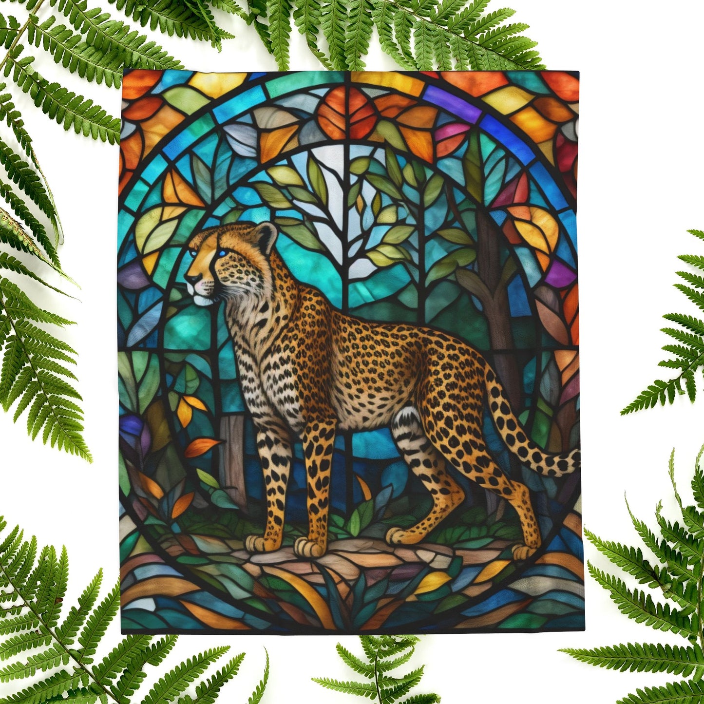 A soft cheetah blanket with stained glass-inspired artwork that adds wild beauty to any space.