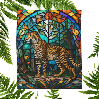 A soft cheetah blanket with stained glass-inspired artwork that adds wild beauty to any space.