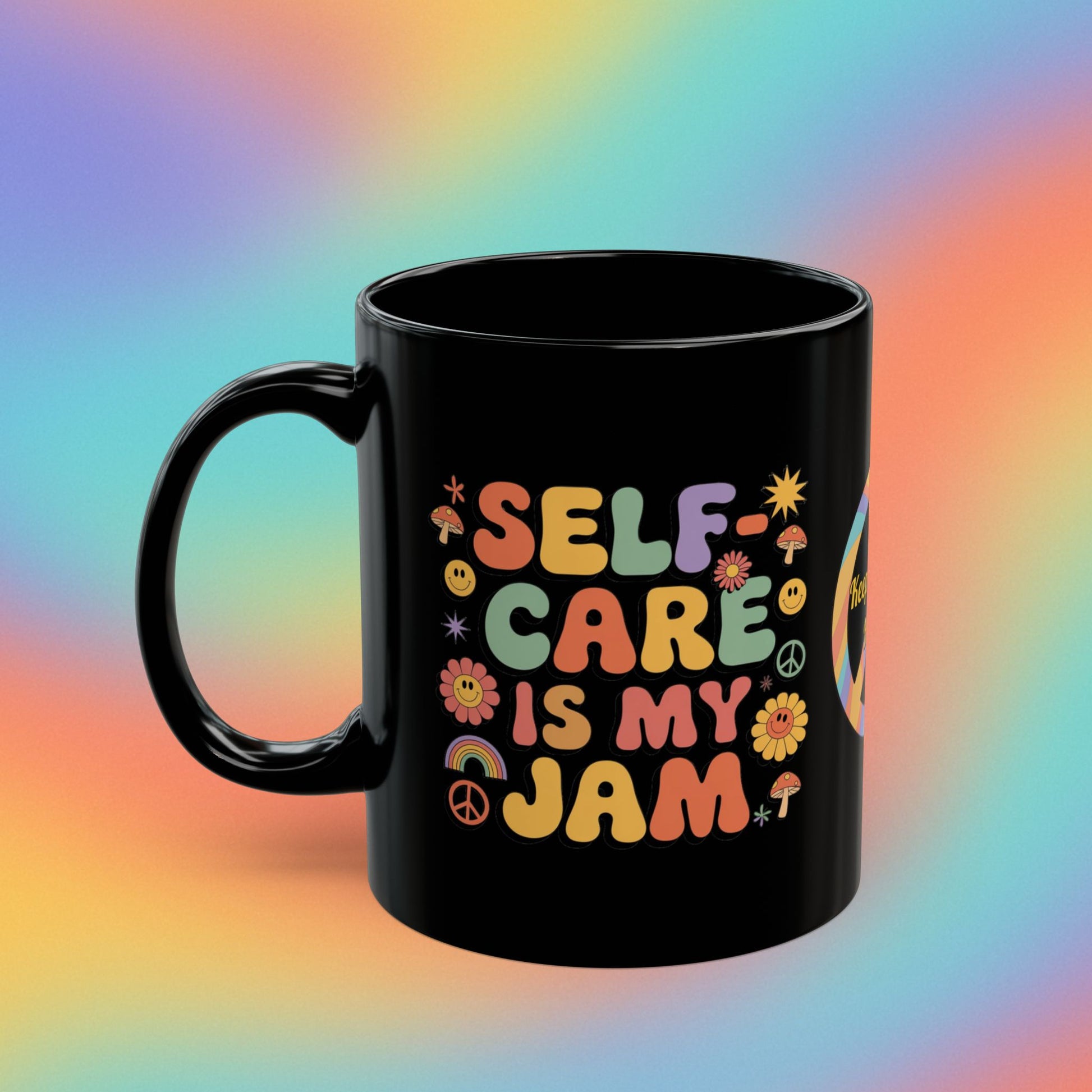Self-Care Is My Jam retro mug, 70s mental health coffee cup with self-love affirmation - MySisterIsASurvivor