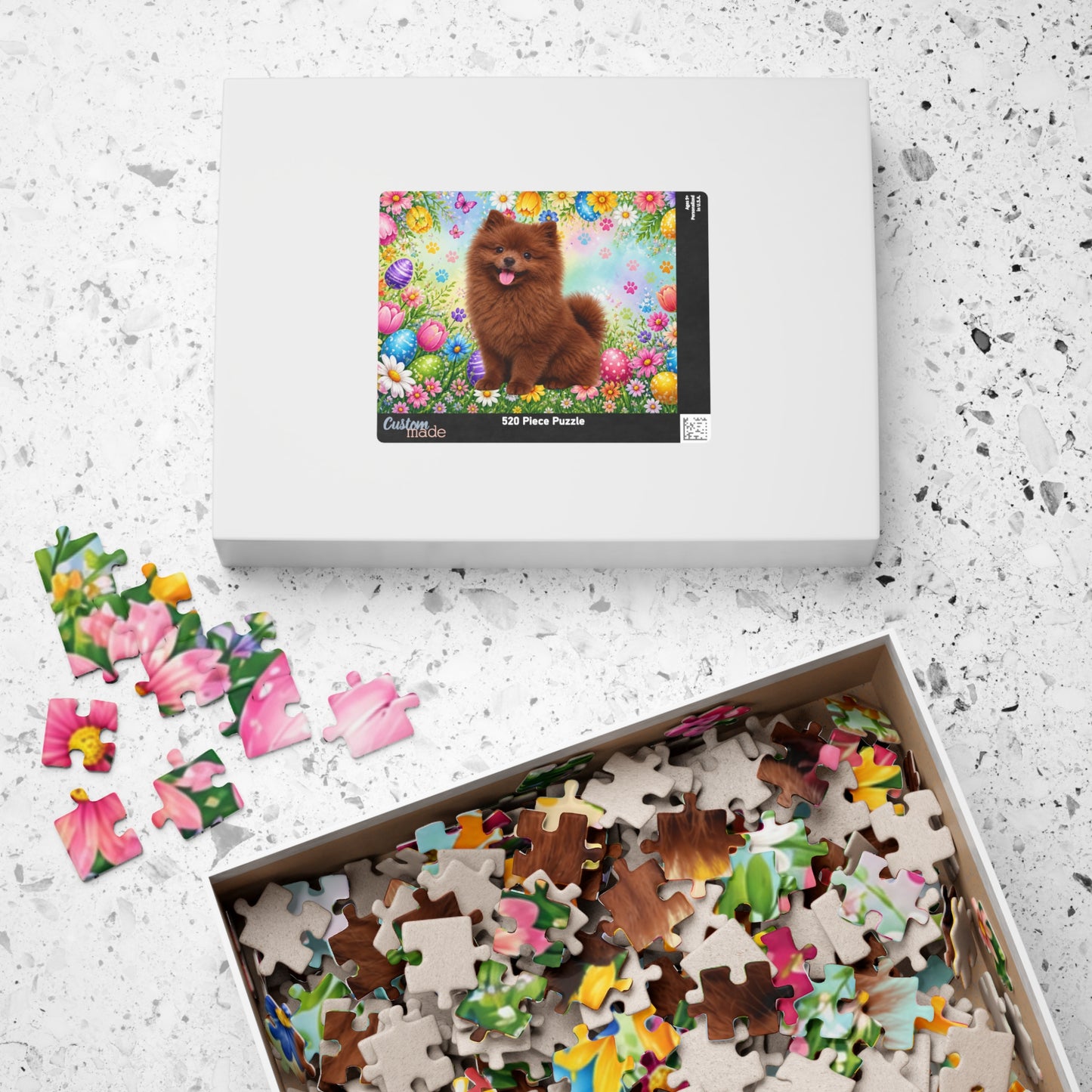 Pomeranian (Chocolate) Easter Puppy Puzzle - Spring Garden with Eggs, Tulips, and Daisies