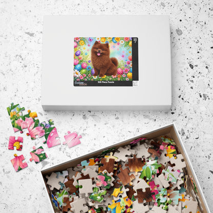 Pomeranian (Chocolate) Easter Puppy Puzzle - Spring Garden with Eggs, Tulips, and Daisies