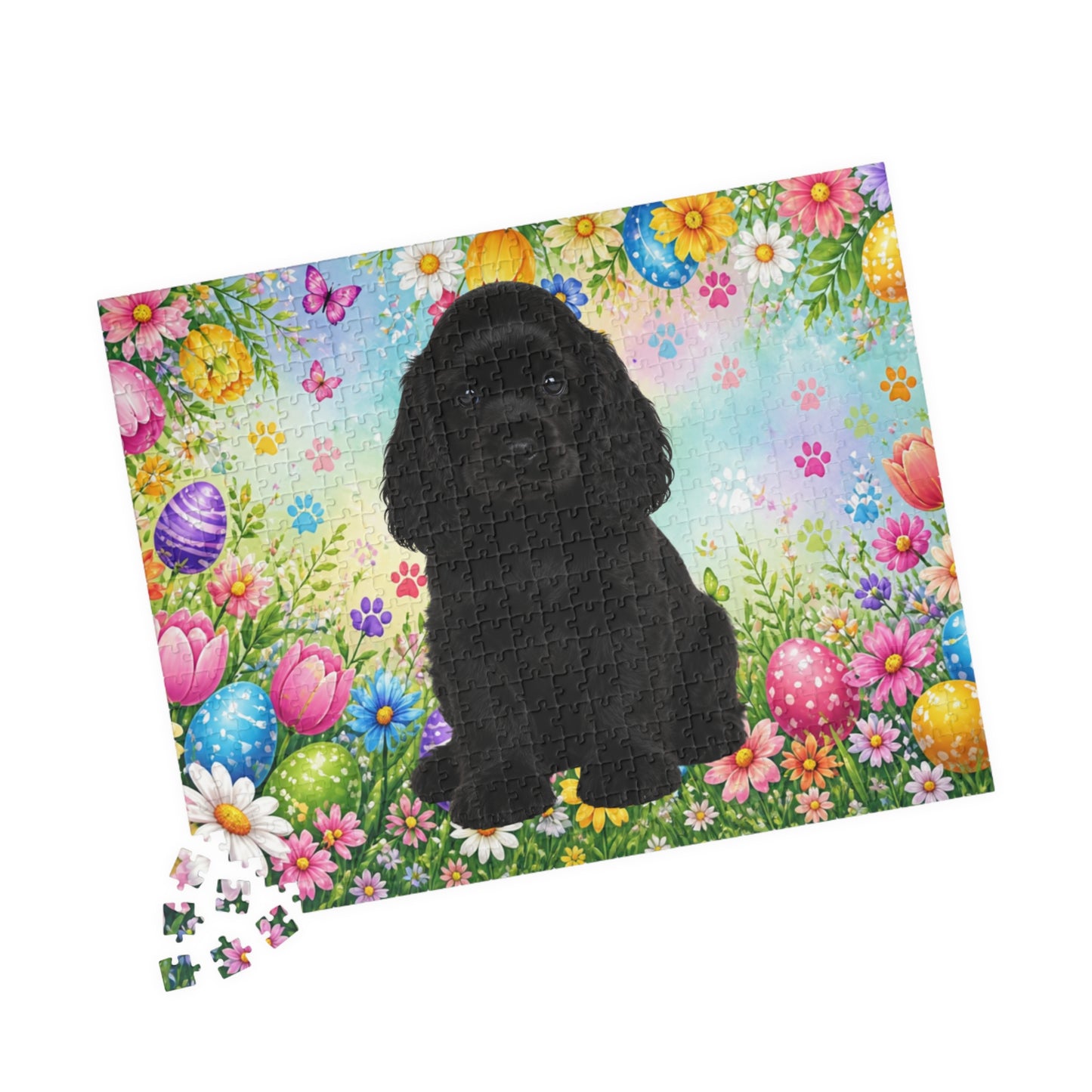 American Cocker Spaniel (Black) Easter Puppy Puzzle - Spring Garden with Eggs, Tulips, and Daisies