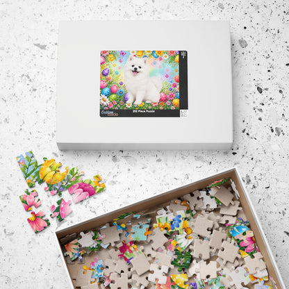 Pomeranian (White) Easter Puppy Puzzle - Spring Garden with Eggs, Tulips, and Daisies