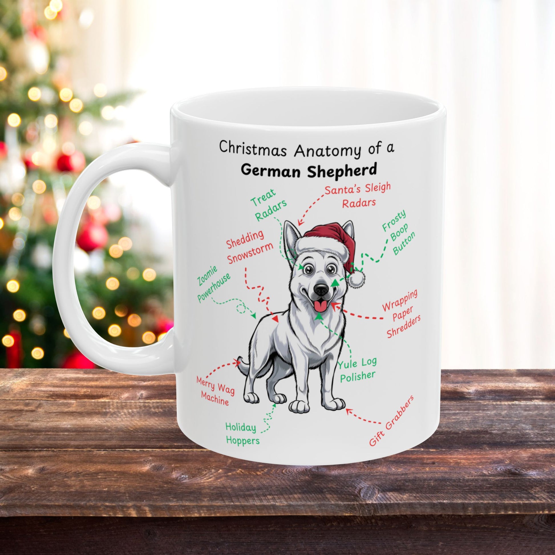 German Shepherd (White) Personalized Christmas Dog Anatomy Mug, Funny Holiday Gift for Dog Lovers, Festive Dog Breed Coffee Cup