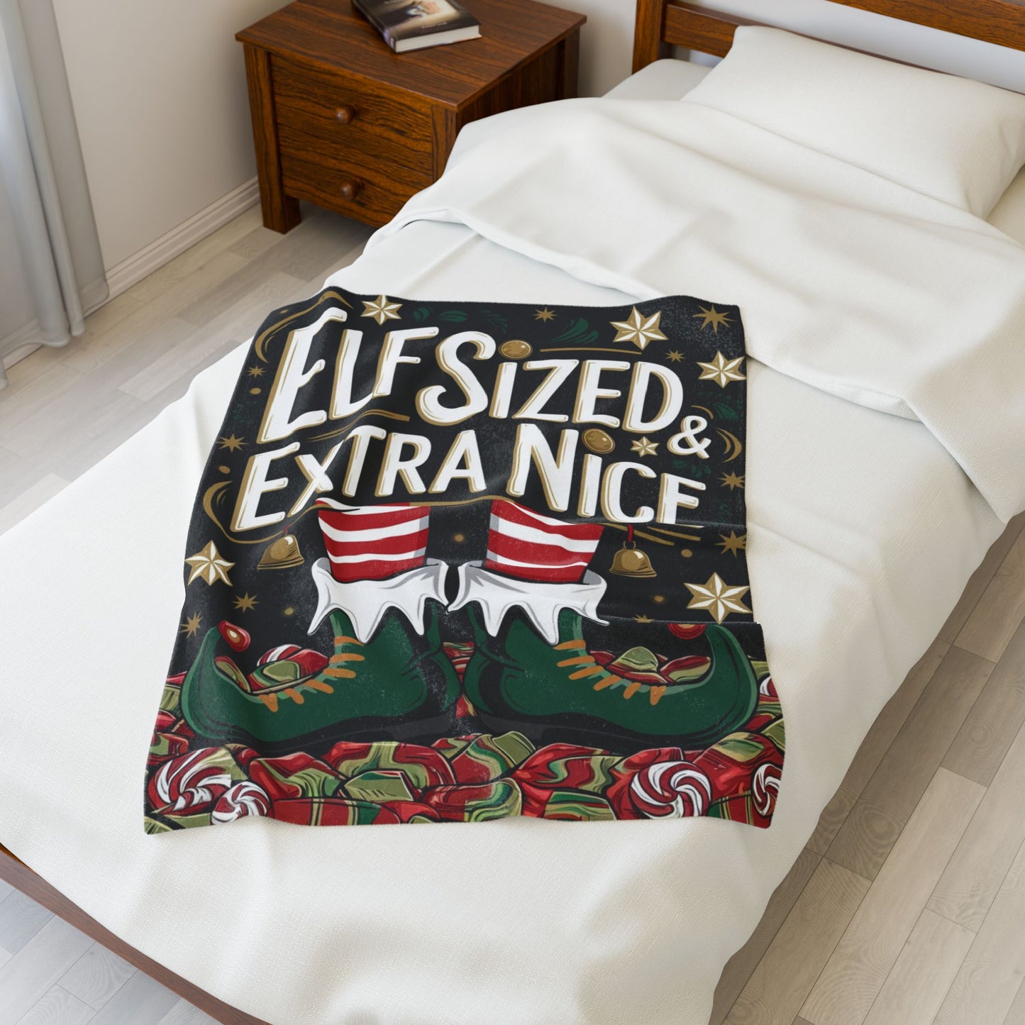 Cute Christmas blanket “Elf Sized & Extra Nice” cozy holiday throw for festive winter comfort