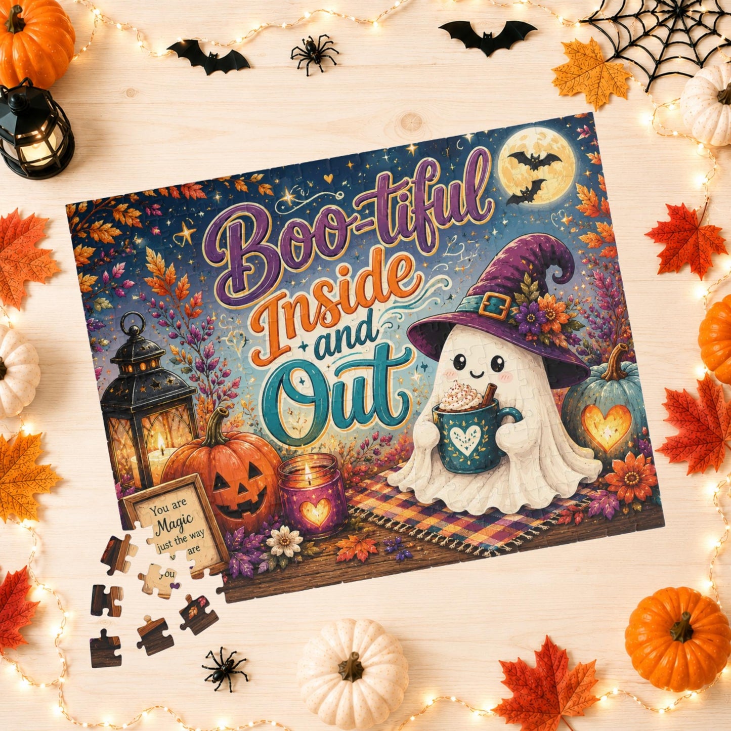 Boo-tiful Inside and Out Halloween Puzzle - Ghost with Heart Mug, Lantern, and You Are Magic Sign