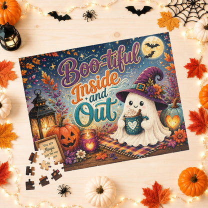 Boo-tiful Inside and Out Halloween Puzzle - Ghost with Heart Mug, Lantern, and You Are Magic Sign