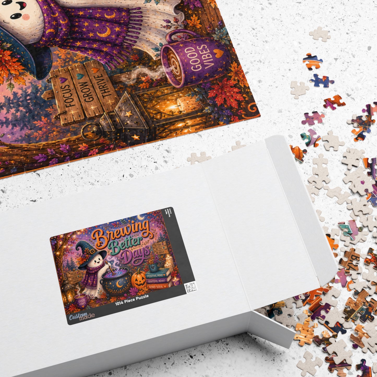 Brewing Better Days Halloween Puzzle - Ghost Stirring Cauldron with Good Vibes Mug and Affirmation Books