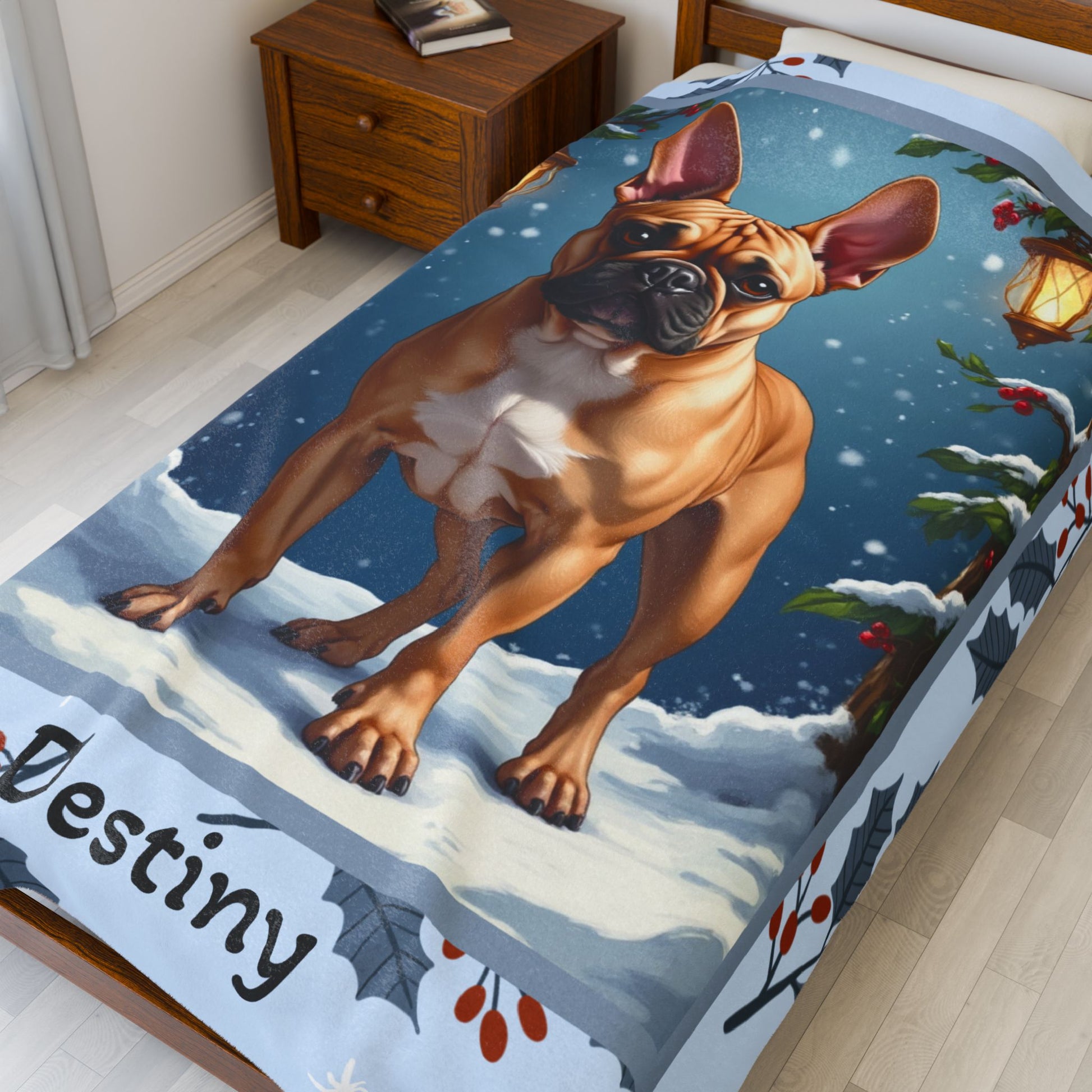 French Bulldog Fawn custom winter blanket showing a French Bulldog in a cheerful illustrated winter lodge setting
