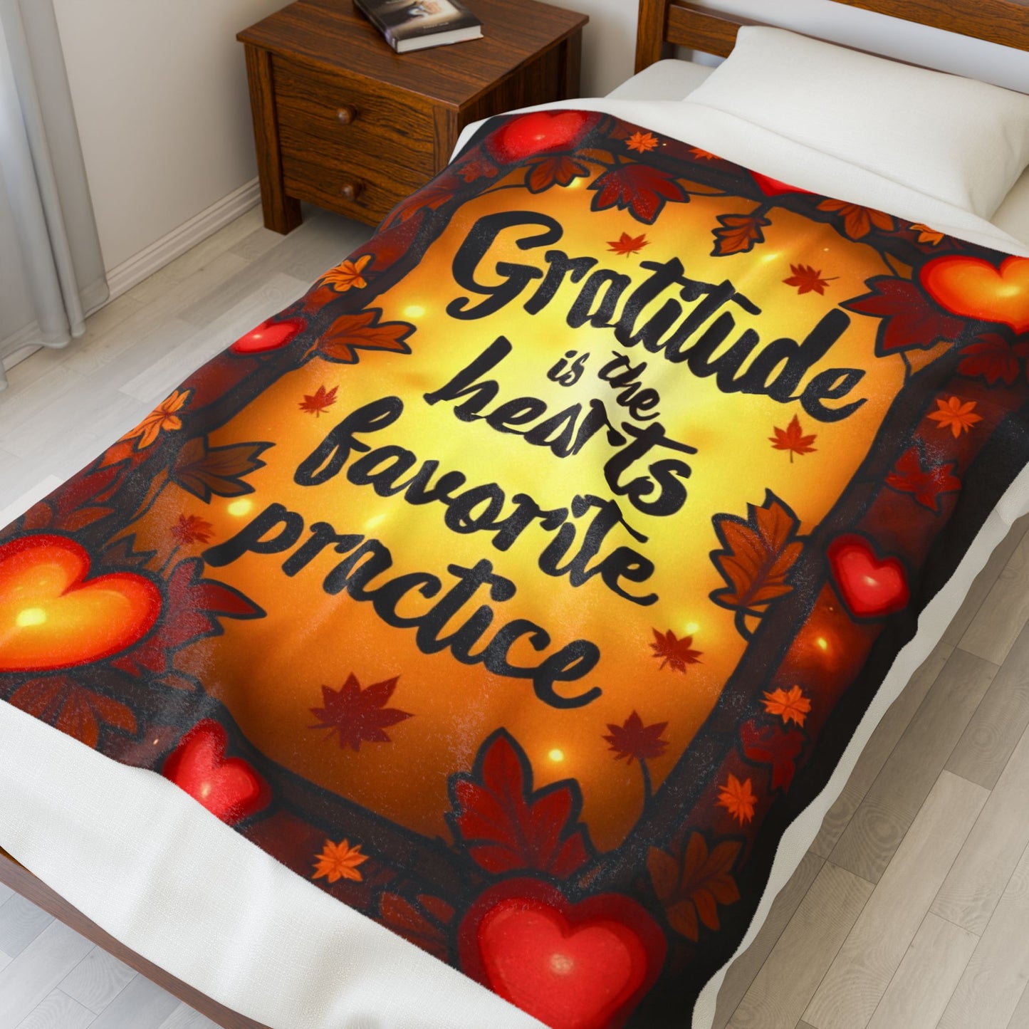 Mindful fall blanket with “Gratitude Is the Heart’s Favorite Practice,” warm calming tones and fall décor.