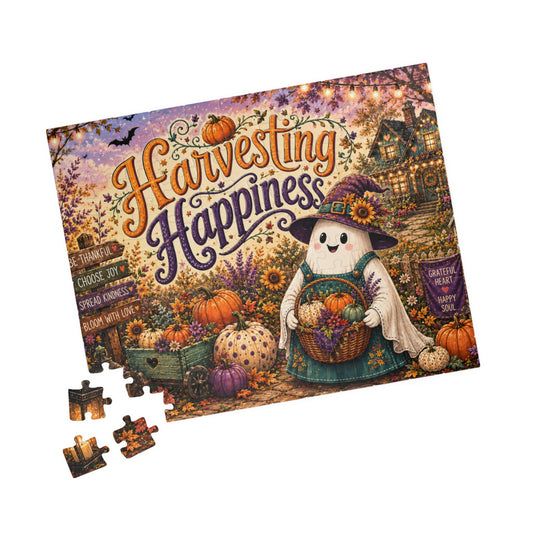 Harvesting Happiness Halloween Puzzle - Witch Ghost with Harvest Basket, Sunflowers, and Pumpkins