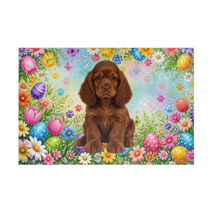 American Cocker Spaniel (Liver) Easter Puppy Puzzle - Spring Garden with Eggs, Tulips, and Daisies