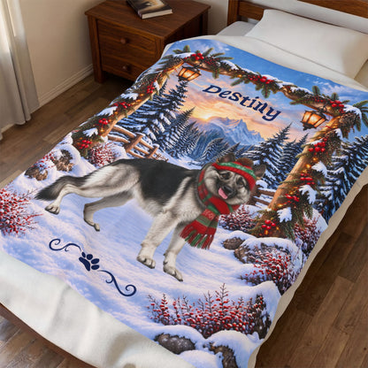 German Shepherd (Black & Silver Coat) - Personalized Winter Velveteen Throw, Custom Name Blanket - MySisterIsAsurvor