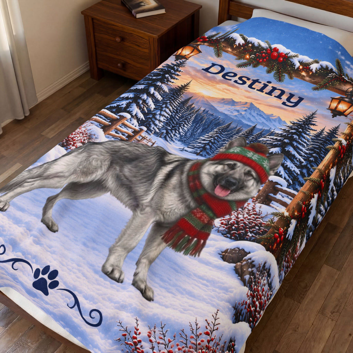 German Shepherd (Silver Sable) - Personalized Snowy Pines Blanket, Custom Name Velveteen Throw - MySisterIsAsurvor