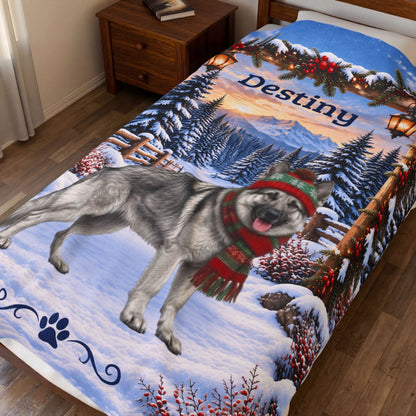 German Shepherd (Silver Sable) - Personalized Snowy Pines Blanket, Custom Name Velveteen Throw - MySisterIsAsurvor