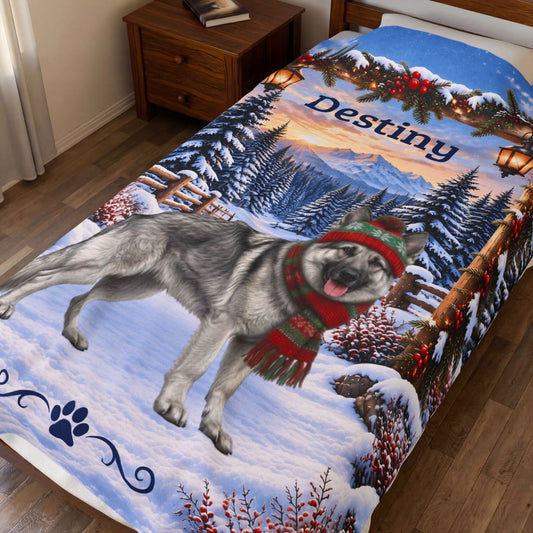 German Shepherd (Silver Sable) - Personalized Snowy Pines Blanket, Custom Name Velveteen Throw - MySisterIsAsurvor