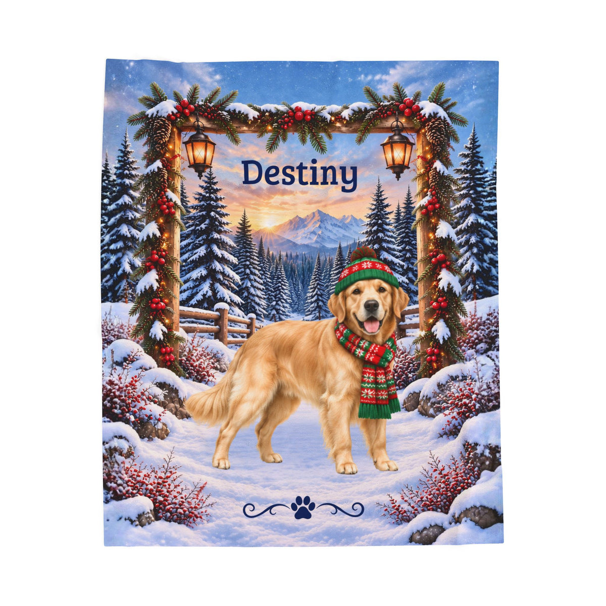 Golden Retriever (Light Golden Coat) - Personalized Snowy Cabin Throw, Custom Name Dog Dad Blanket