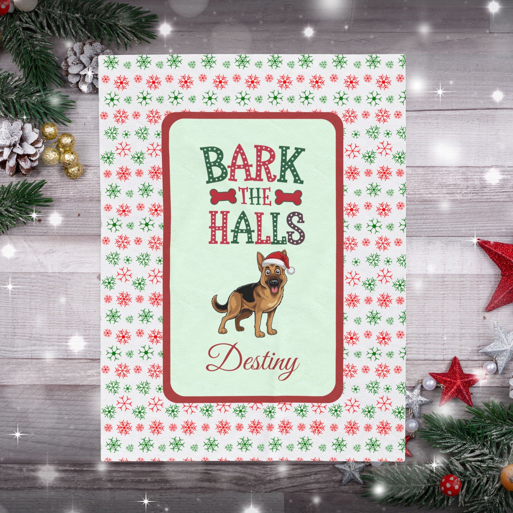 German Shepherd velveteen blanket Bark The Halls holiday gift for dog lovers and cozy Christmas throw