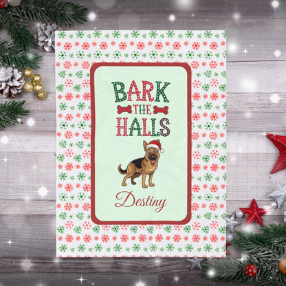 German Shepherd velveteen blanket Bark The Halls holiday gift for dog lovers and cozy Christmas throw