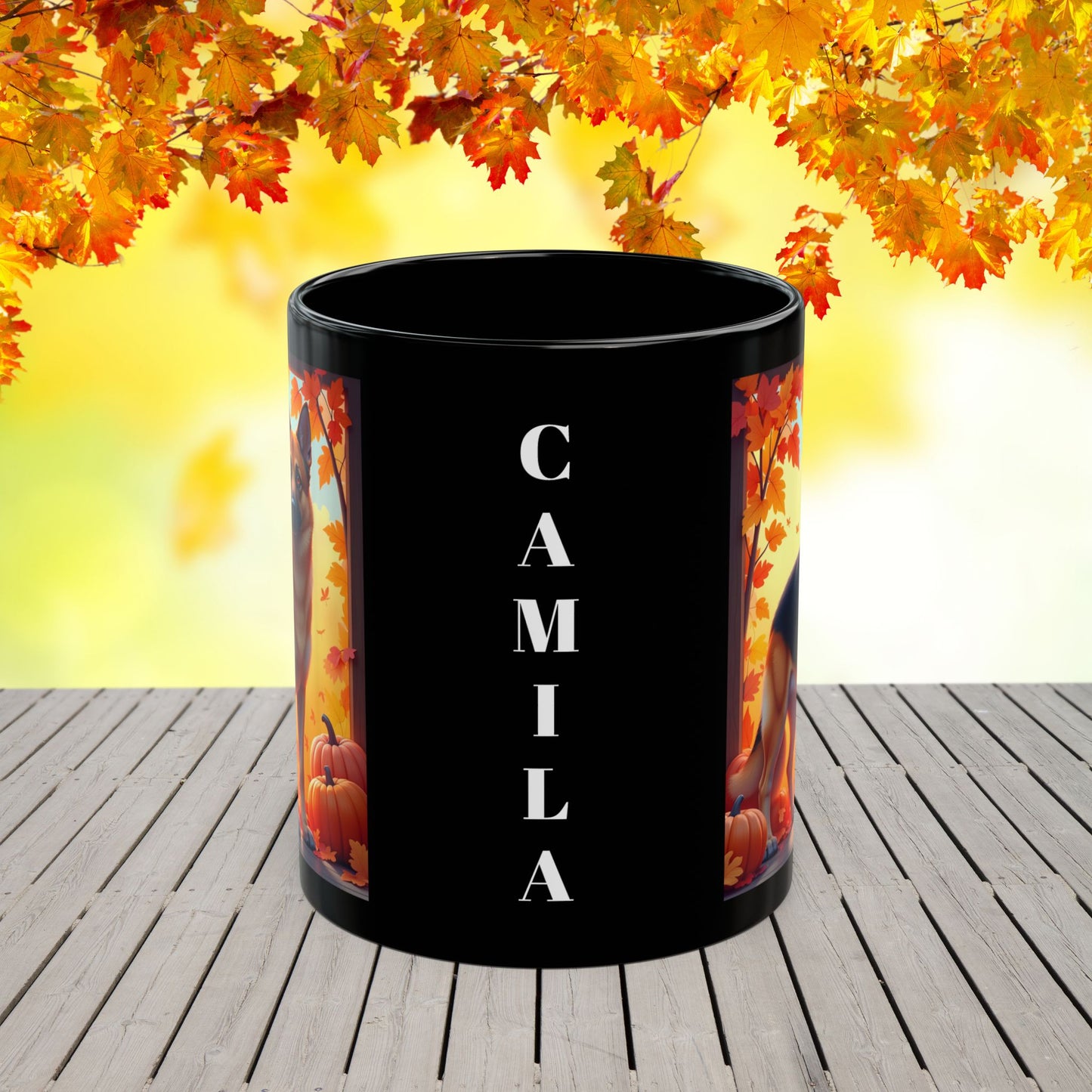 Black & Tan German Shepherd Autumn Custom Coffee Mug - Personalized Dog Lover Cup for Seasonal Sips