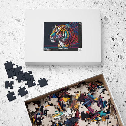 Jigsaw puzzle set with a colorful tiger design on the box, partially completed puzzle on a white surface.