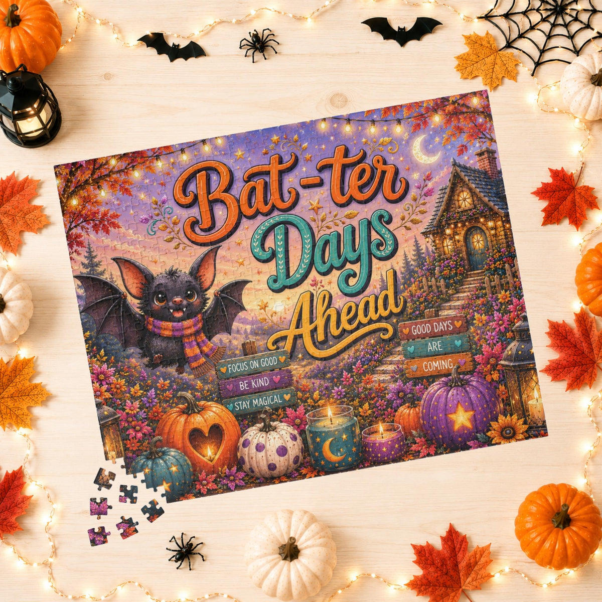 Bat-ter Days Ahead Halloween puzzle featuring cheerful bat artwork, heart pumpkins, and a cozy cottage scene