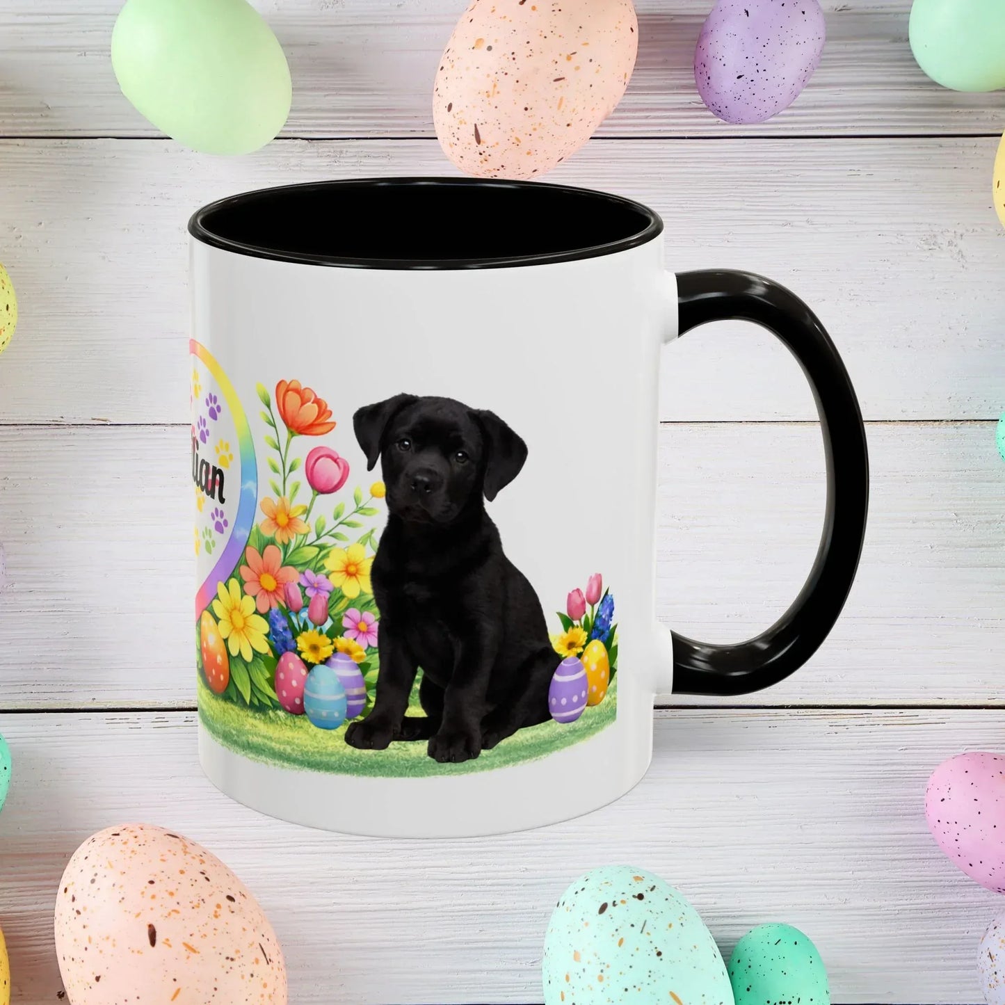 Shop our rottweiler black puppy easter mug featuring the 11oz style option from MySisterIsASurvivor.