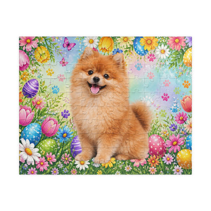 Pomeranian (Orange Sable) Easter Puppy Puzzle - Spring Garden with Eggs, Tulips, and Daisies
