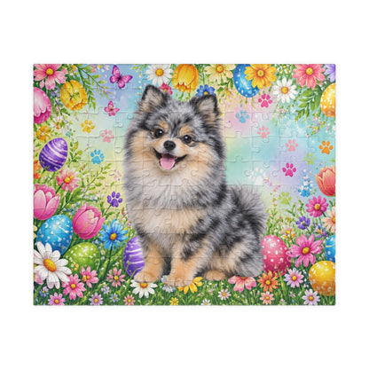 Pomeranian (Blue Merle) Easter Puppy Puzzle - Spring Garden with Eggs, Tulips, and Daisies