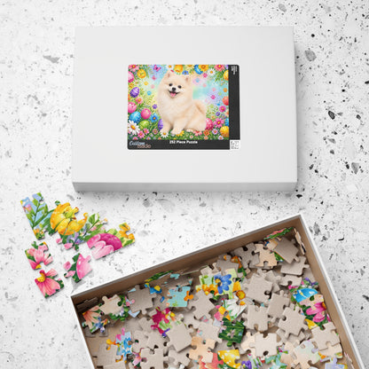 Pomeranian (Cream) Easter Puppy Puzzle - Spring Garden with Eggs, Tulips, and Daisies