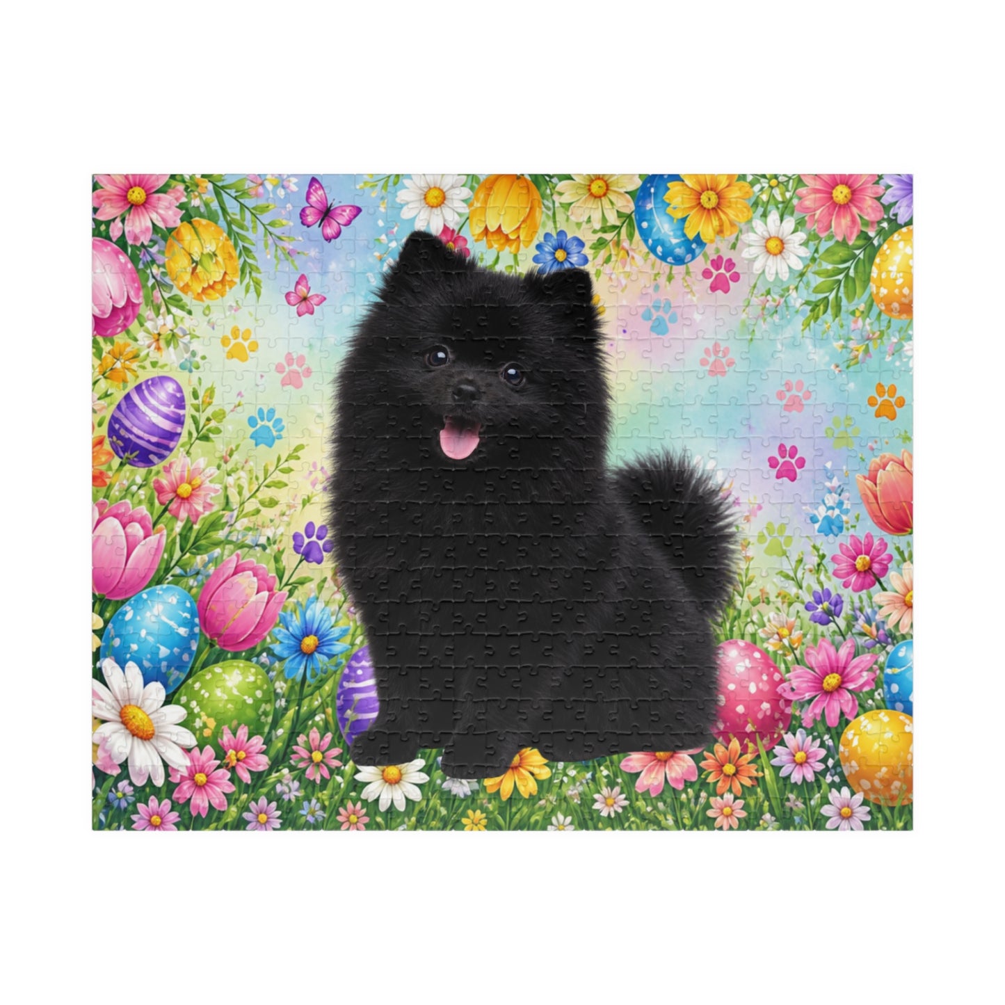 Pomeranian (Black) Easter Puppy Puzzle - Spring Garden with Eggs, Tulips, and Daisies