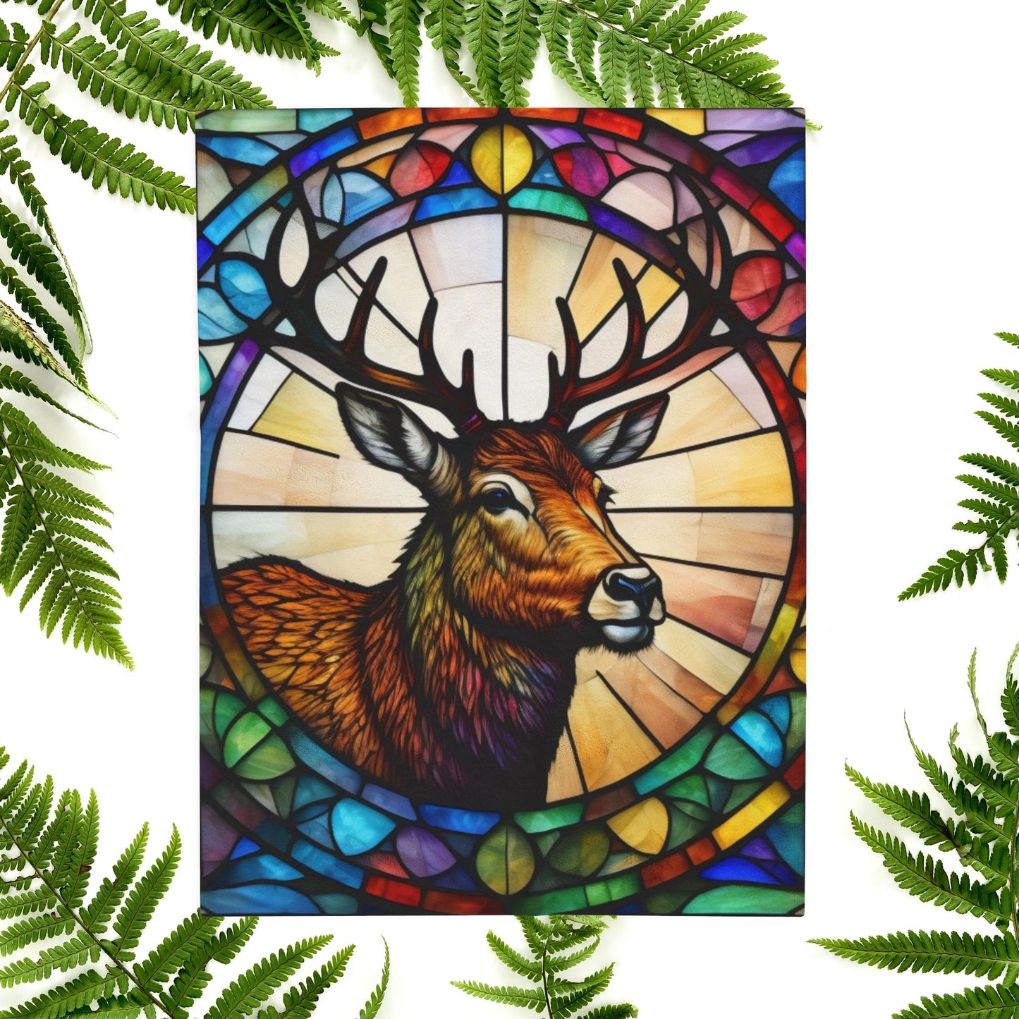 A woodland deer blanket with colorful stained glass art, perfect for cozy mindful moments.