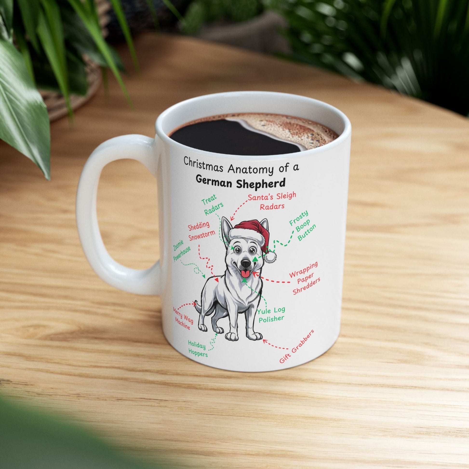German Shepherd (White) Personalized Christmas Dog Anatomy Mug, Funny Holiday Gift for Dog Lovers, Festive Dog Breed Coffee Cup