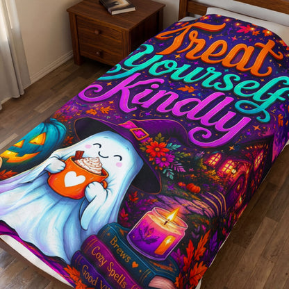 A colorful Halloween-themed blanket with the phrase “Treat Yourself Kindly” in large decorative lettering. The scene shows a smiling ghost in a witch hat holding a mug, surrounded by pumpkins, flowers, a house, candles, and autumn leaves on a purple background.
