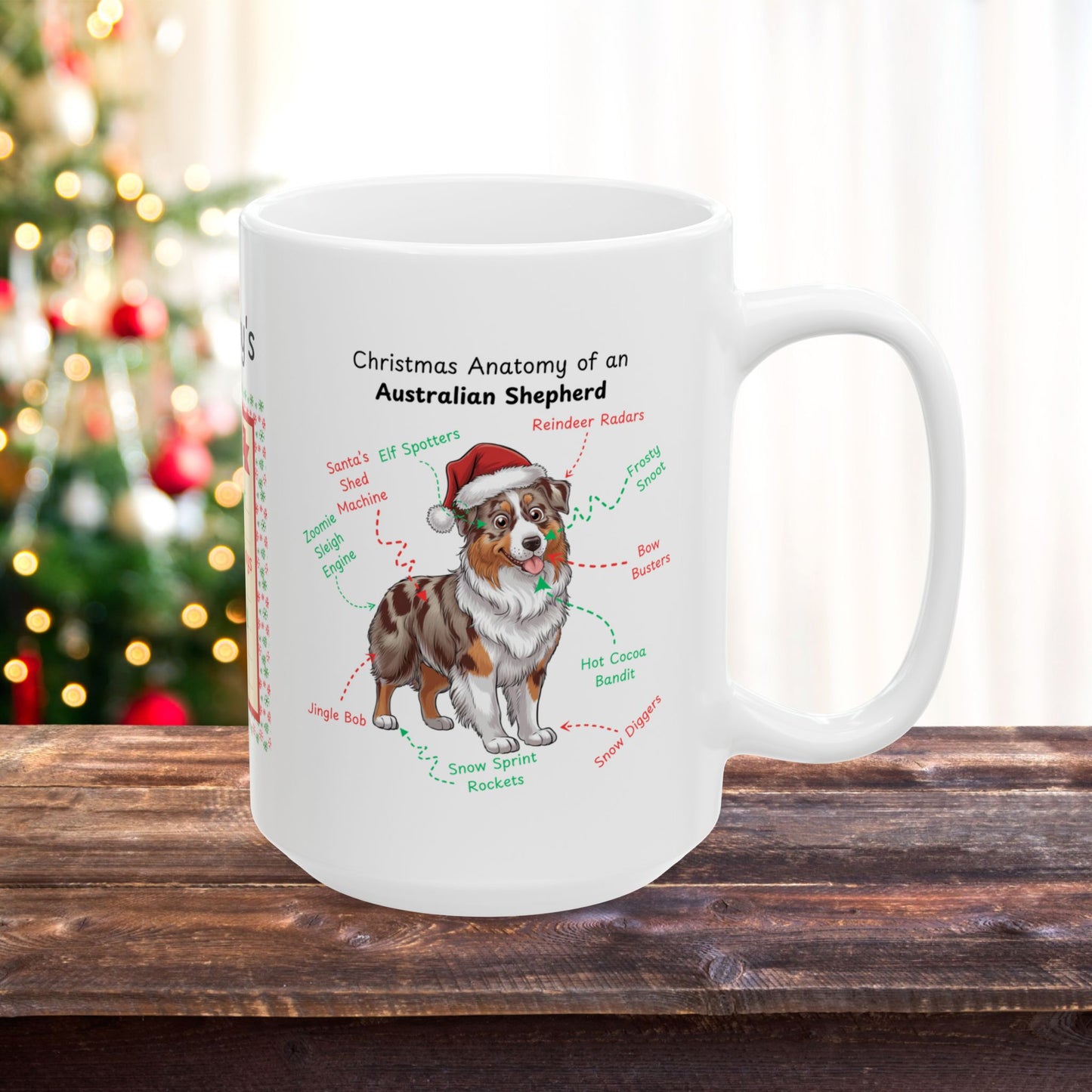 Red Merle Australian Shepherd dog anatomy Christmas mug, personalized festive coffee cup