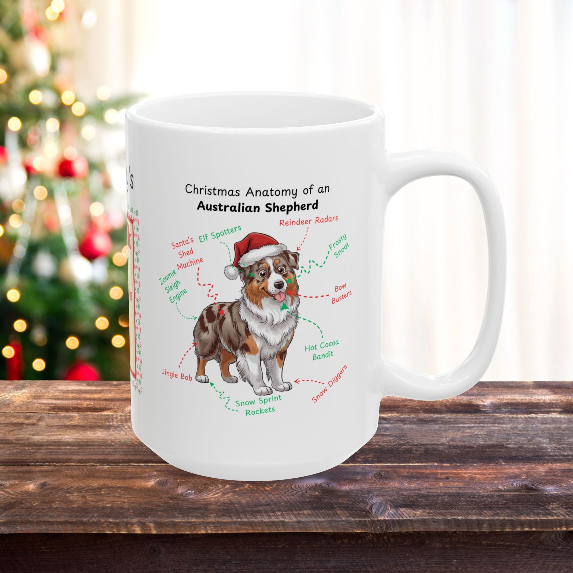Red Merle Australian Shepherd dog anatomy Christmas mug, personalized festive coffee cup