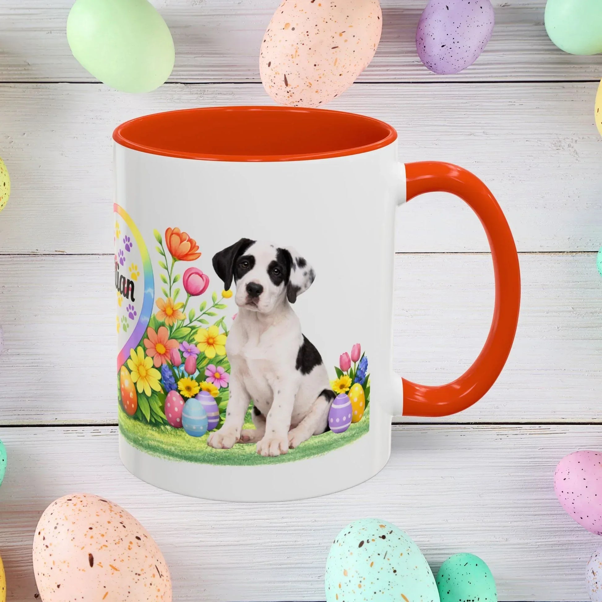 Shop our great dane piebald puppy easter mug featuring the 11oz style option from MySisterIsASurvivor.
